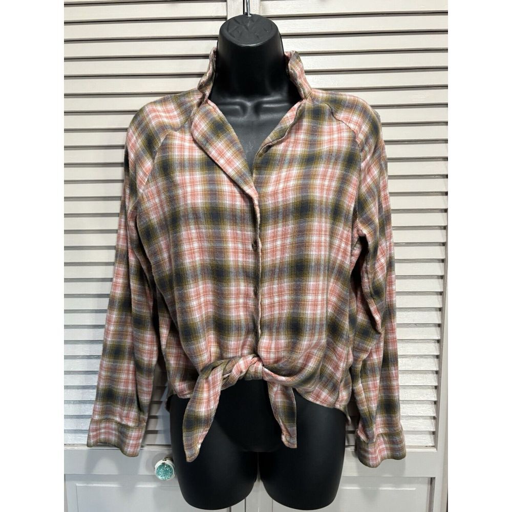 Mudd Flannel Green/Orange/White Button Up Long Sleeve Shirt Size XS Tie Waist